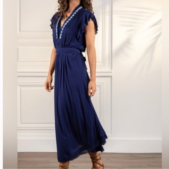 Poupette St Barth Maxi Dress Navy Blue XS Fringe Puka Shell Accents - Picture 1 of 16